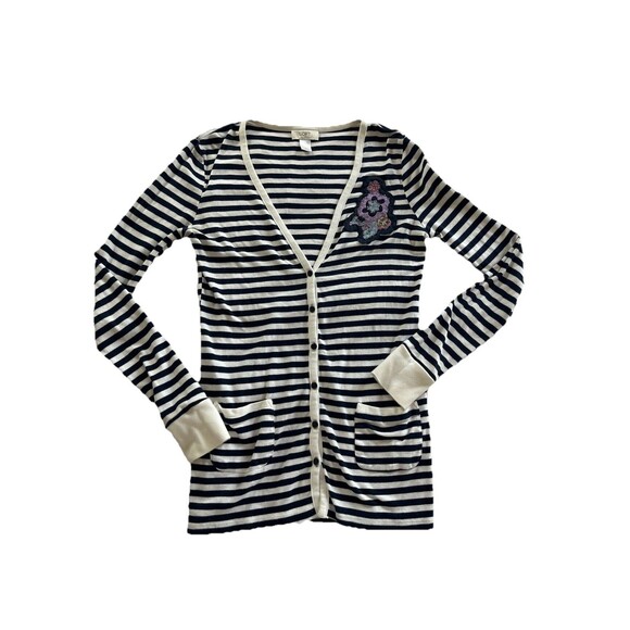 Loft womens medium Cardigan Stripes Navy White button up flower applique - Picture 1 of 6